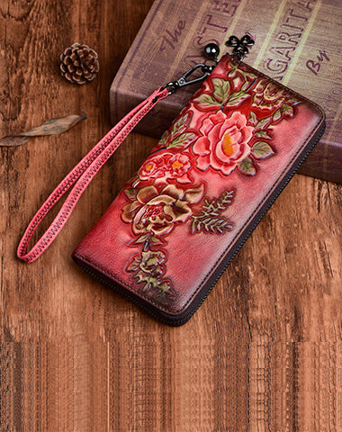 Womens Peony Flower Red Leather Zip Around Wallet Wristlet Wallet Floral Ladies Zipper Clutch Wallet for Women