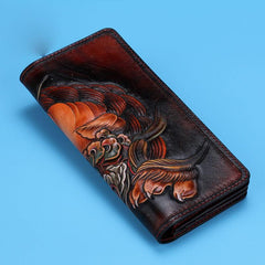 Handmade Leather Chinese Lion Mens Tooled Chain Biker Wallet Cool Long Leather Wallet With Chain Wallets for Men