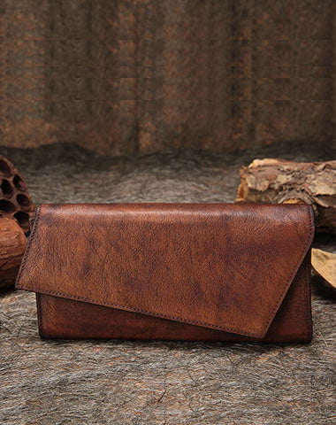 Red Womens Vintage Leather Trifold Long Wallet Geometry Clutch Long Wallet for L FDS01901003
