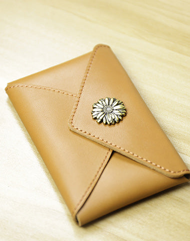 Slim Women Tan Leather Card Wallet Sunflower Minimalist Envelope Card Holder Wallet Coin Wallet For Women