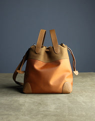 Small Womens Khaki Nylon Leather Bucket Handbag Purse Nylon Leather Barrel Shoulder Bag Handbag Purse for Ladies