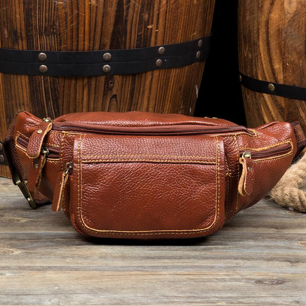 Vintage Black Leather Mens Fanny Pack Waist Bags Coffee Hip Pack Belt Bag Brown MSG01881241