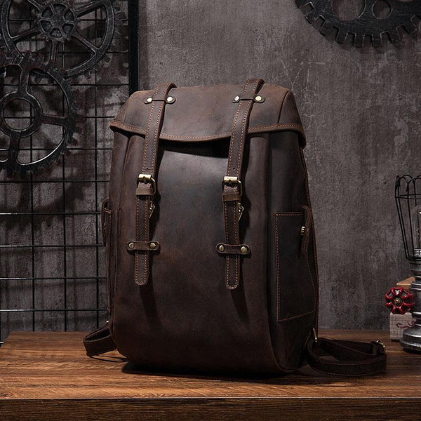 Coffee Cool Mens Leather Hiking Backpack Large Travel Backpack Leather Backpack REAL04591022