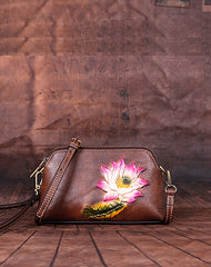 Womens Lotus Flower Brown Leather Wristlet Wallets Shoulder Bag Small Crossbody Bag for Women
