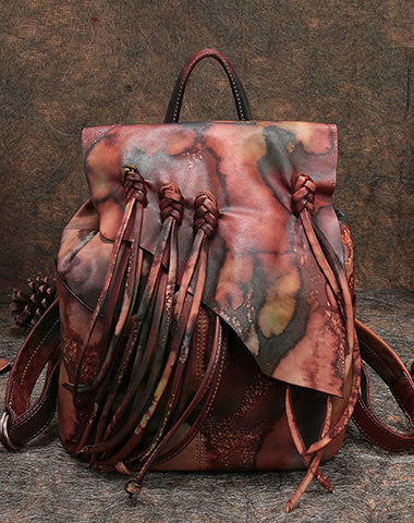 Vintage Red Leather Rucksack WIth Tassels Womens Western Leather Backpack Ladies Backpack Purses