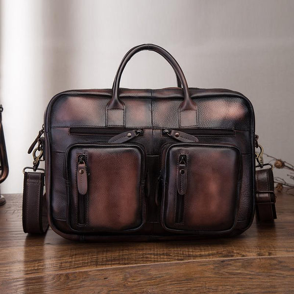 Vintage Brown Leather Men's Briefcase 14'' Computer Briefcase Professional Handb FY04281099