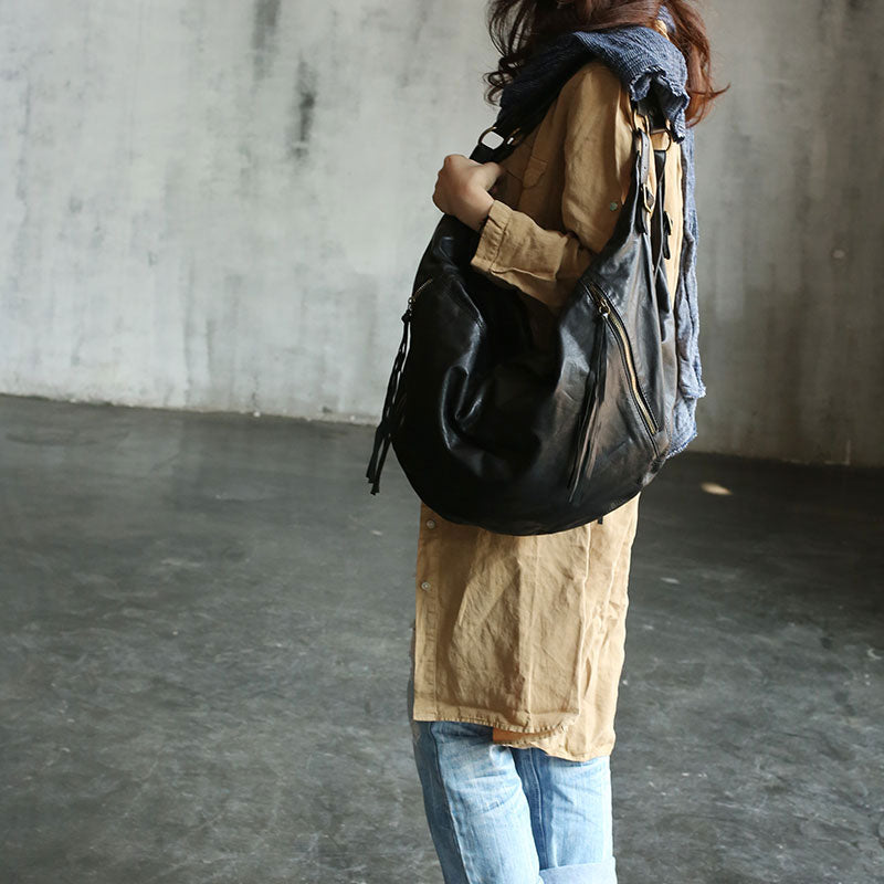Vintage Black WOMENs LEATHER Hobo Handbag Fashion Hobo Shoulder Bag FOR WOMEN