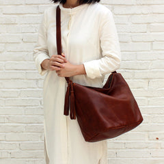 Vintage LEATHER WOMEN Bucket Bag SHOULDER BAG Purse with Tassel FOR WOMEN