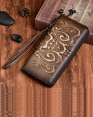 Handmade Womens Floral Leather Zip Around Wallet Wristlet Wallet Floral Ladies Zipper Clutch Wallet for Women