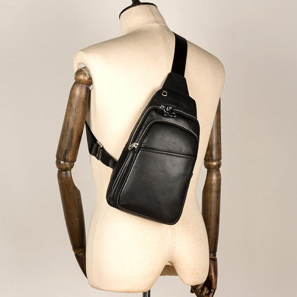 Black Leather Mens Cool Sling Bag Sling - Back View