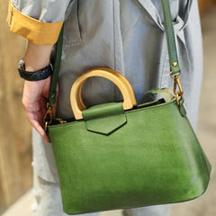 Green Leather Handbags Wooden Top Round Handle Satchel Bag - Annie Jewel