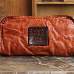 Handmade Genuine Leather Mens Cool Long Leather Wallet Zipper Clutch Wristlet Wallet for Men