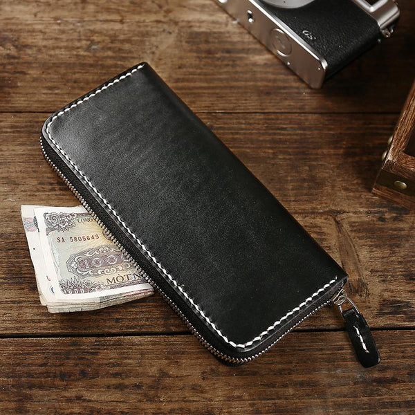 Cool Leather Mens Black Long Wallet Brown Handmade Zipper Wallet Long Wallet For CZPY01951004
