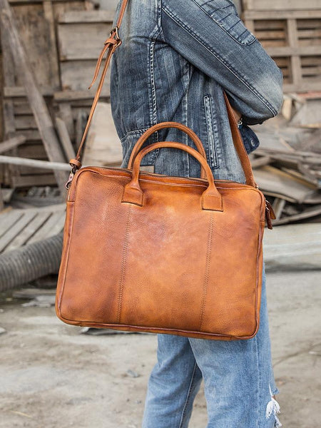 Vintage Brown Leather Mens 14 inches Briefcase Work Side Bag Brown Laptop Briefc HB04791119
