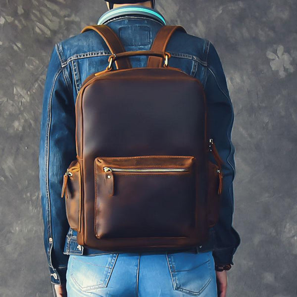 Vintage Brown Leather Mens 15" Laptop Backpack Hiking Backpack Travel Backpack C 24J03891076