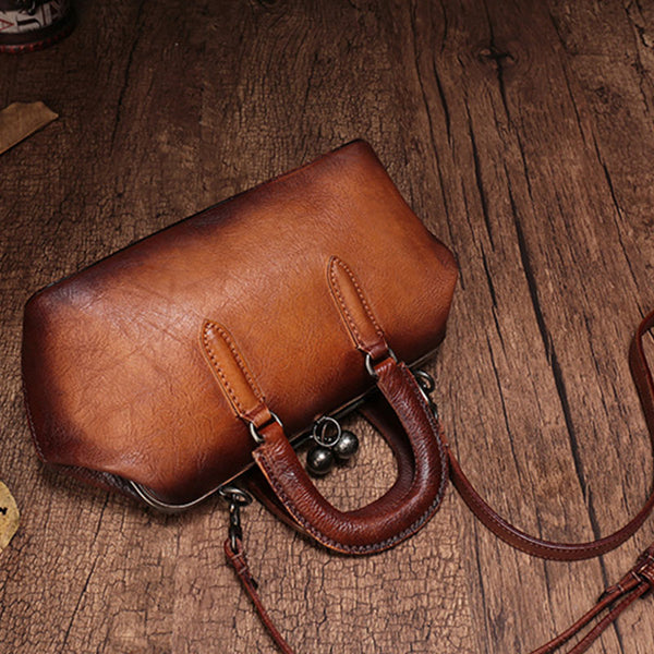 Vintage Handmade Leather Brown Womens Frame Handbag Shoulder Bag Green Crossbody DDJ03551029