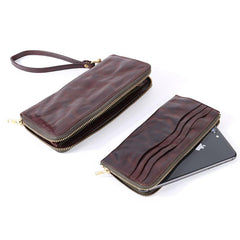 Cool Leather Mens Clutch Simple Brown Wallet Zipper Clutch Wristlet Phone Purse for Men