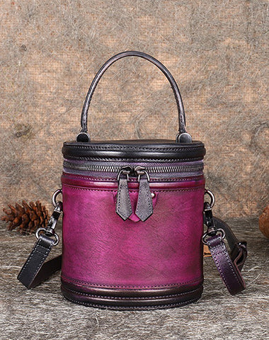 Brown Leather Womens Bucket Handbag Barrel Shoulder Bag Crossbody Purse for Ladi FDS03401006