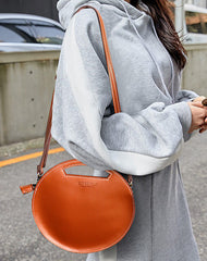 Cute Round LEATHER Handbag Black WOMEN Circle SHOULDER BAG Small Crossbody Purse FOR WOMEN
