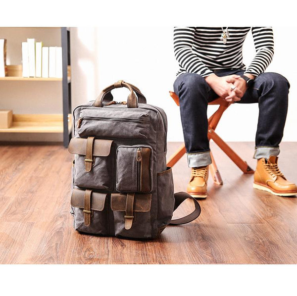 Cool Waxed Canvas Leather Mens Waterproof 15'' Backpack Gray Travel Backpack Hik JCYC02651037