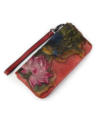 Womens Lotus Flower&Hummingbird Brown Leather Zip Around Wallet Wristlet Wallet Flower Ladies Zipper Clutch Wallet for Women