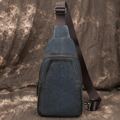 Blue LEATHER MENS Sling Bags Sling Pack One Shoulder Backpack Blue Chest Bag For Men