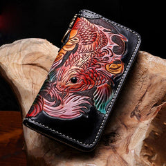 Cool Leather Tooled Carp Mens Biker Chain Wallets Long Leather Biker Wallet With Chain Wallets for Men