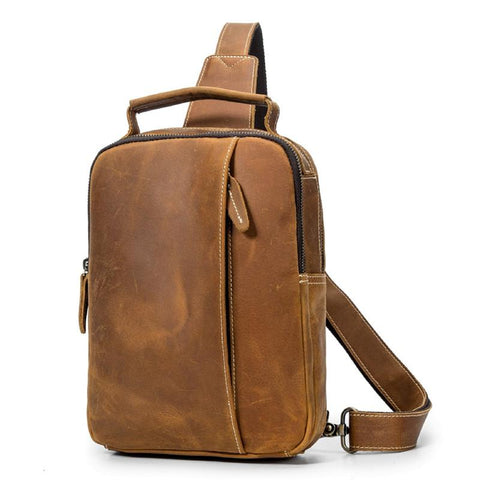 Best Brown Distressed LEATHER MENS Sling Bag One Shoulder Backpack Top Chest Bag For Men