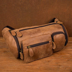 Cool Brown Leather Mens Large Fanny Pack Barrel Waist Bag Chest Bag Hip Pack Bum Pack for men