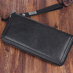 Genuine Leather Mens Cool Long Leather Wallet Zipper Clutch Wristlet Wallet for Men