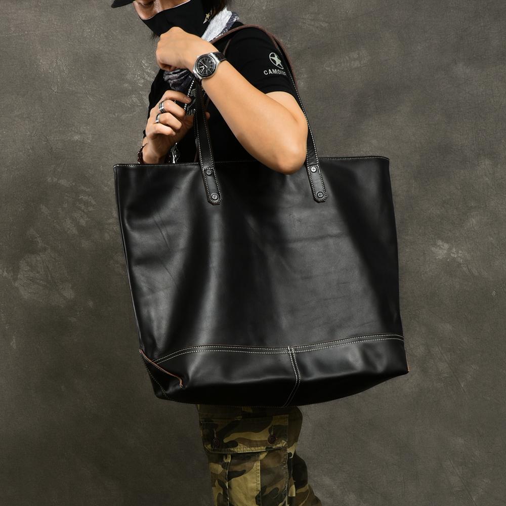 Leather Mens Womens 16" Large Shoulder Bag Black Tote Bag Large Side Bag For Men