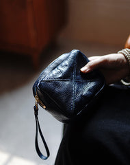 Vintage Navy Leather Wristlet Wallet Zipper Clutch Wallet Womens Tan Ladies Zip Around Wallets for Women