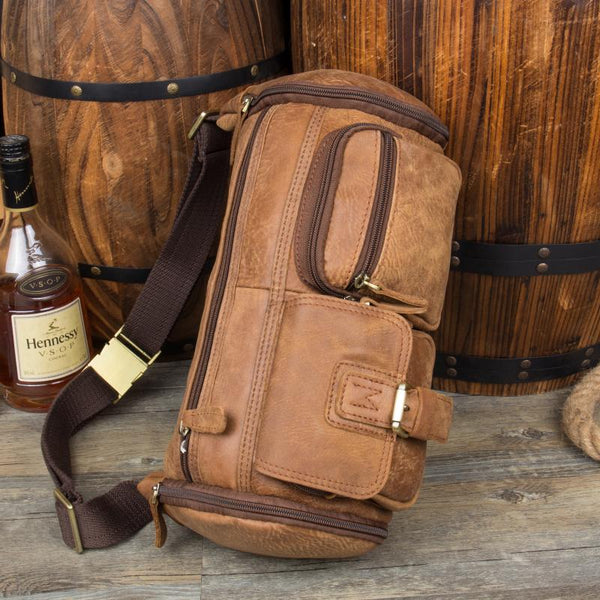Brown Leather Barrel Fanny Pack Mens 8 inches Waist Bag Hip Pack Belt Bags Bumba MSG03281200