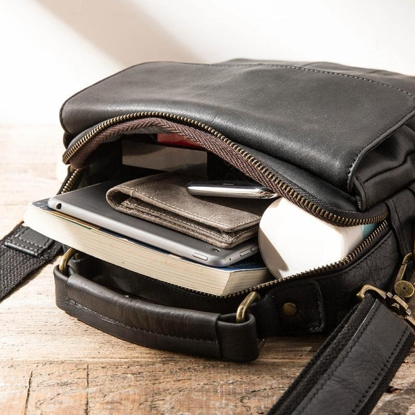 Black Leather Mens Vertical Small Briefcase Work Handbag Side Bag Business Shoul HB02991092