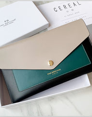 CONTRAST COLOR Black Envelope Leather Womens Slim Clutch Purse Long Checkbook Wallet for Women