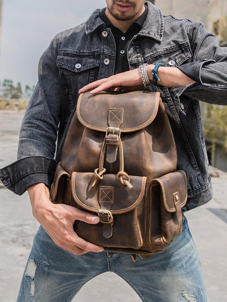 Dark Brown Cool Mens 13 inches Leather Backpacks Travel Backpacks Brown Laptop B HB03591122