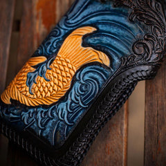 Handmade Leather Carp Tooled Long Mens Chain Biker Wallets Cool Leather Wallet With Chain Wallets for Men