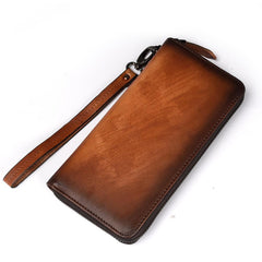 Vintage Brown Leather Men's Clutch Long Wallet Tan Zipper Wristlet Wallet For Men