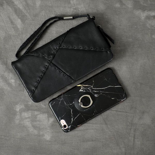 Black Leather Women's Wristlet Wallet Clutch Wallet Long Wallet For Men 24J01681024