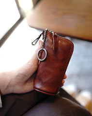 Vintage Women Brown Leather Zip Key Wallet - Front View