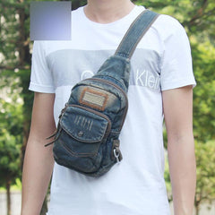 Fashion Jean Blue Mens Sling Bag Chest Bags Denim Sling Pack One Shoulder Backpacks For Men