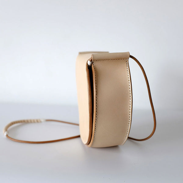 Cute Leather Beige Womens Small Round Saddle Crossbody Purse Shoulder Bag for Women