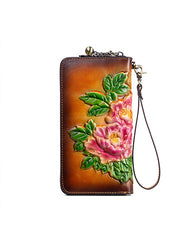 Womens Leather Zip Around Wallets Peony Flower Wristlet Wallets Floral Ladies Zipper Clutch Wallet for Women