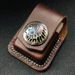 Brown Handmade Leather Mens OX Zippo Lighter Holders Lighter Case For Men