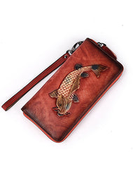 Womens Carp Black Leather Zip Around Wallet Wristlet Wallet Carp Ladies Zipper Clutch Wallet for Women