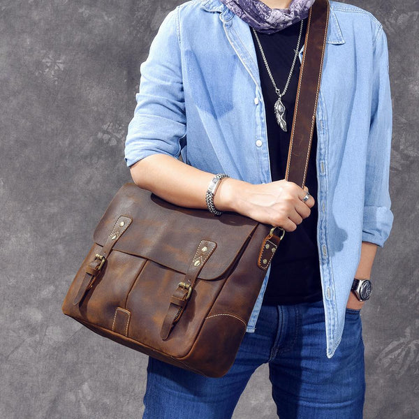 Leather Mens Brown Briefcase 14'' Laptop Bag Messenger Bag Shoulder Bag For Men 24J03491060