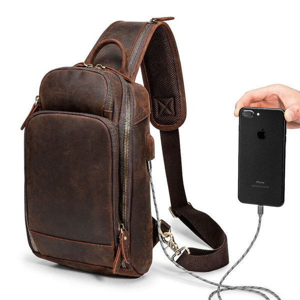 Badass Dark Brown Leather Men's Sling Bag - Back View