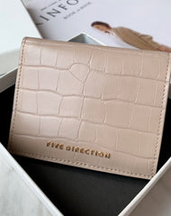Cute Women Beige Vegan Leather Small Billfold Wallet Card Holder Crocodile Pattern Slim Card Wallets For Women