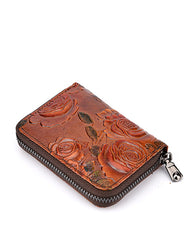 Womens Silver Leather Small Zip Around Wallet Rose Billfold Wristlet Wallet Floral Ladies Zipper Small Card Wallet for Women