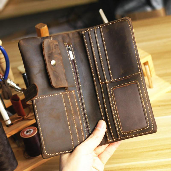 Vintage Red Brown Leather Mens Long Wallet Bifold Zipper Long Wallet For Men ZOY0109155